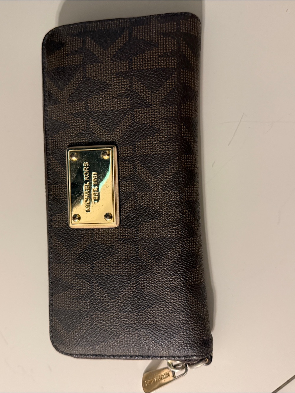 Michael Kors Dark Brown Logo Zip Wallet with Gold Plate